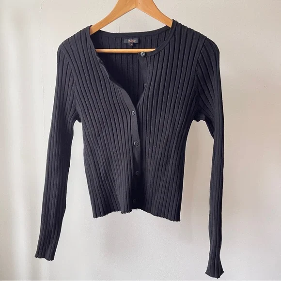Quince Black Ribbed Button Cardigan Size M - Picture 1 of 5
